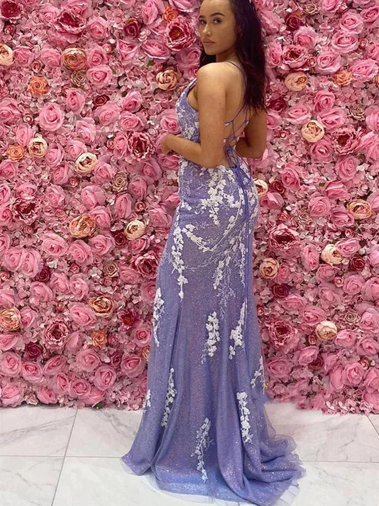 Vestidos longos de baile de finalistas roxos com decote em V, costas abertas, renda roxa, corte sereia e fenda alta, vestidos formais de cerimónia roxos corte sereia Y344