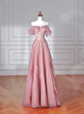 Abito da sera lungo rosa dolce in tulle con paillettes e perline, linea a trapezio, scollatura a spalle scoperte Y8643