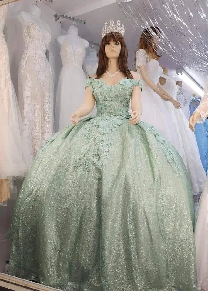Robe de bal verte sauge pailletée à épaules dénudées, robe de seize ans Y2265