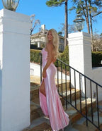 Vestido de Baile com Aplicações de Cetim Cor-de-Rosa, Cauda de Sereia, Fenda Longa, Vestido de Noite Y8263