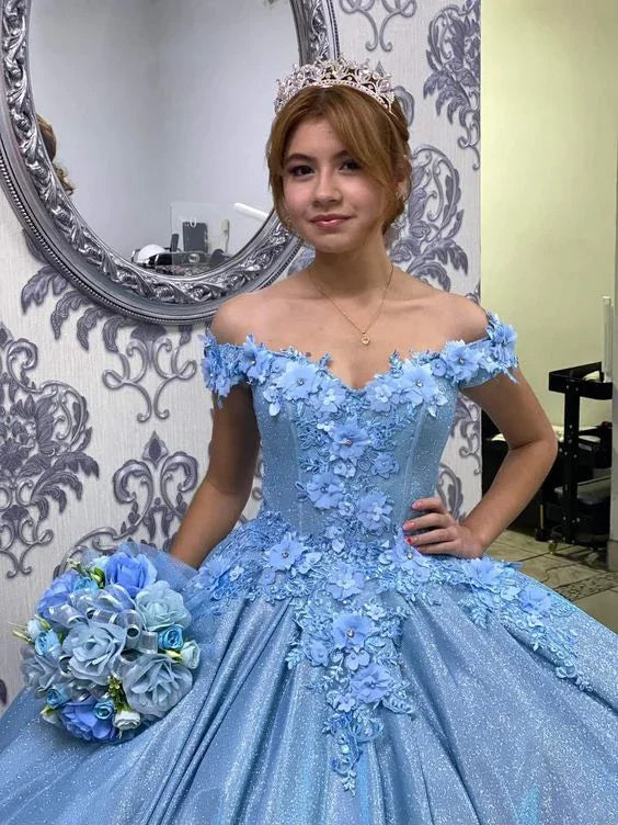 Robe boule bouffante à corsage cœur avec appliqué floral bleu Robe douce seize ans Y6078