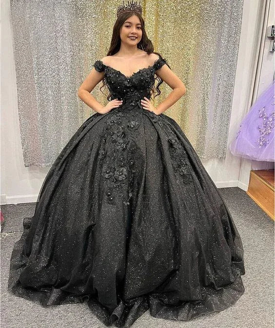Princess Glitter Black Beaded Quinceanera Dresses Sweet 15 16 Party Ball Gowns Y5745