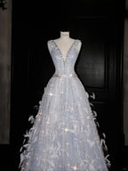 Vestido de Festa com Decote em V, Tule, Contas e Penas, Corte em A, Vestido de Noite Y8682