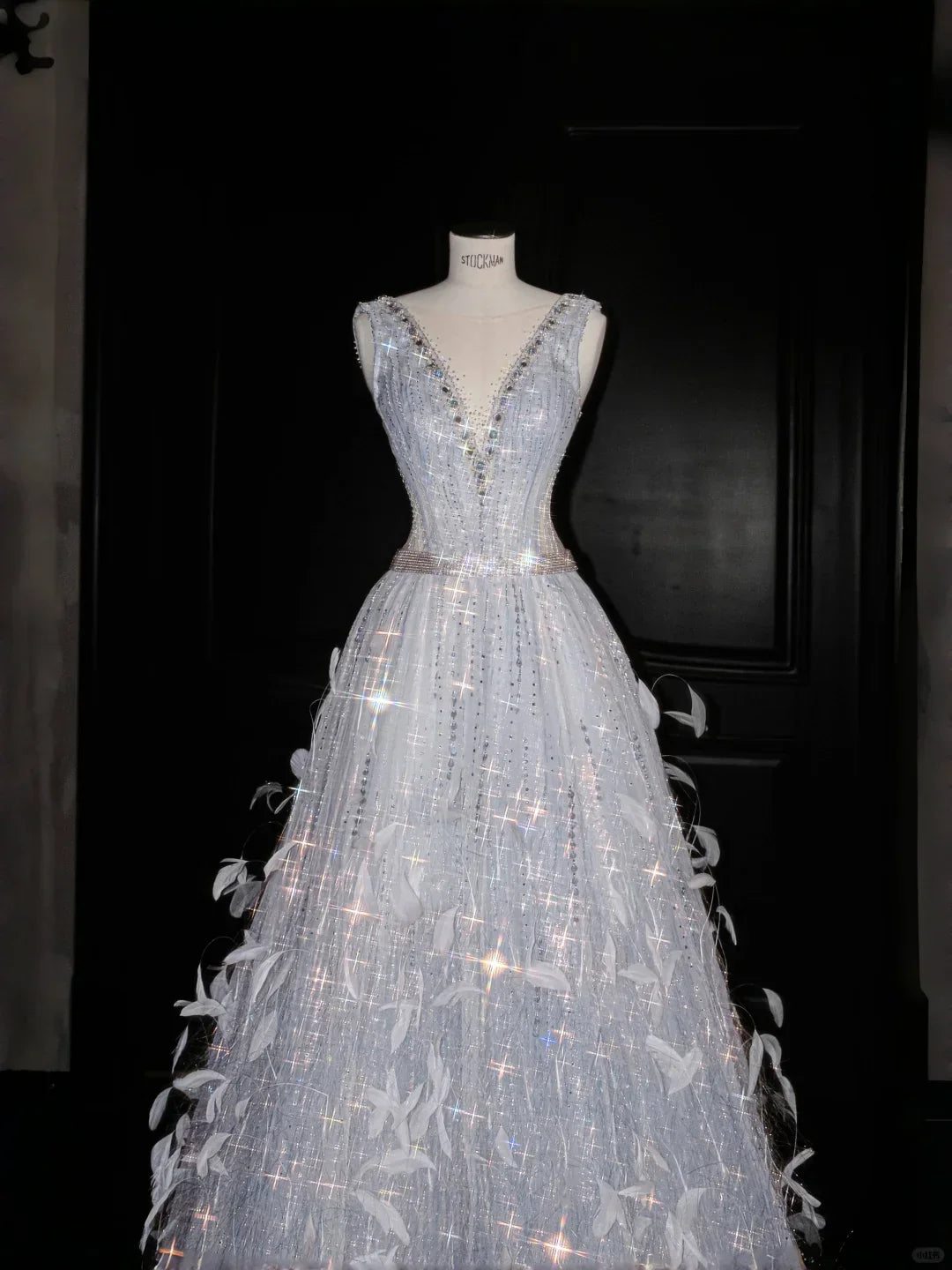 Vestido de Festa com Decote em V, Tule, Contas e Penas, Corte em A, Vestido de Noite Y8682