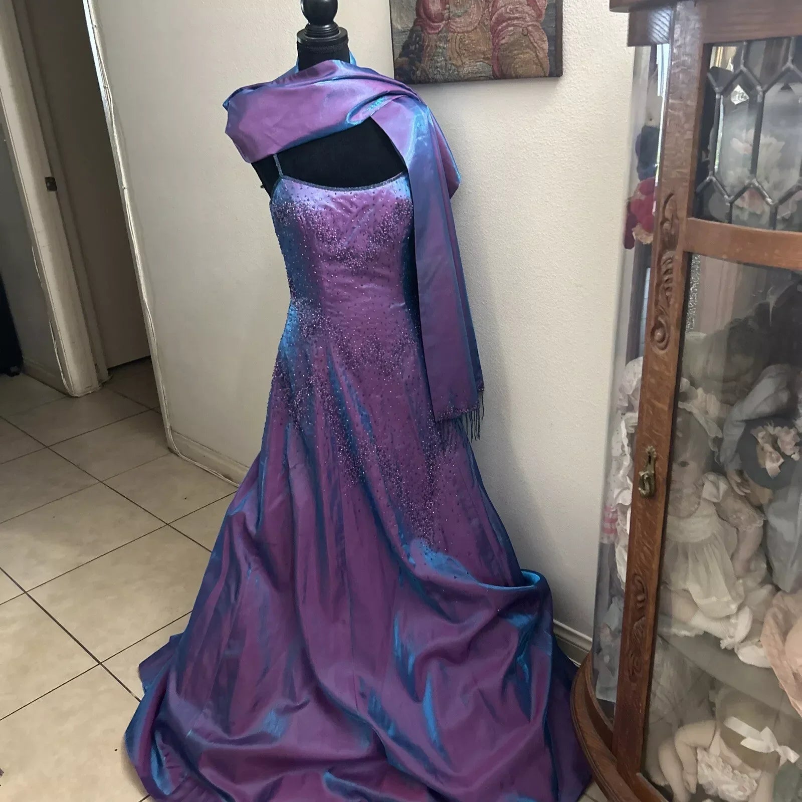 Splendido abito da sera viola con perline a linea ad A, spalline sottili, vestito da festa e ballo Y7955