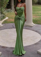 Vestido de noche largo de sirena plisado sin tirantes verde único Vestido largo de gala Y8430