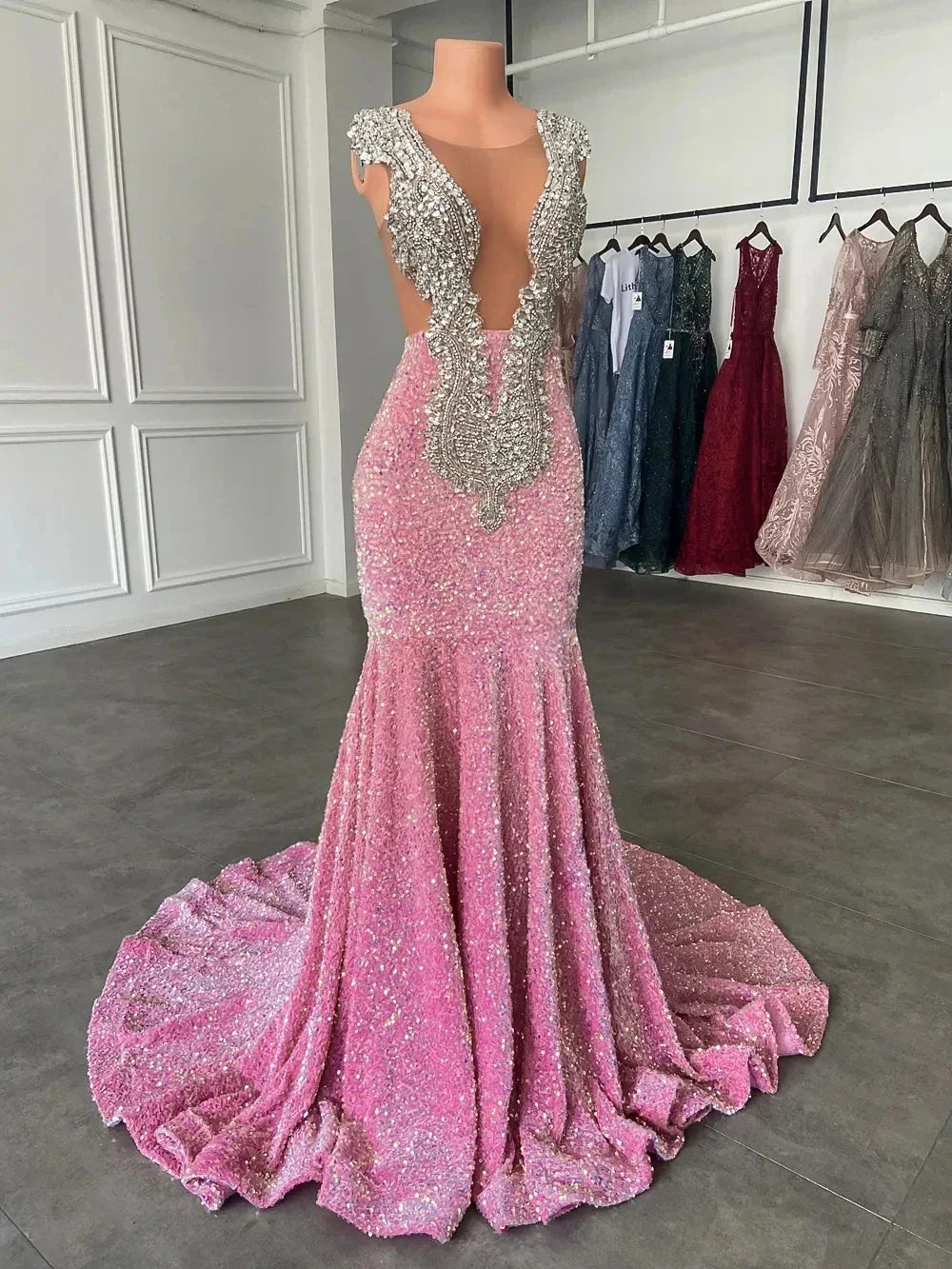 Abiti da ballo rosa scintillanti, abito da sera rosa sirena con paillettes seducenti per concorso di bellezza Y477