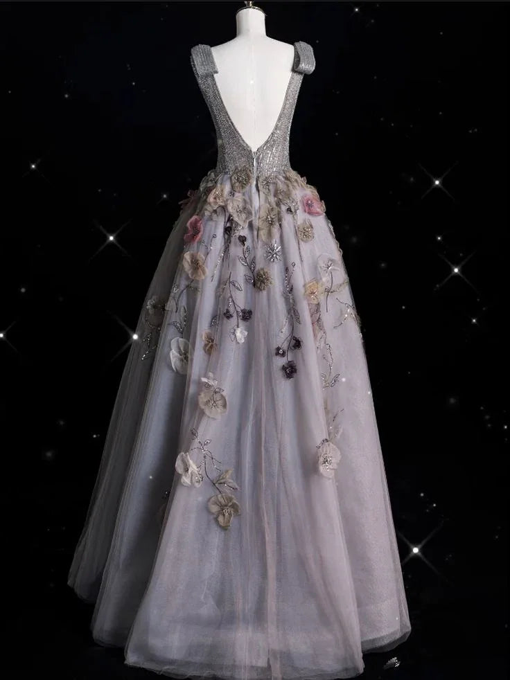 Charmantes graues Ballkleid mit V-Ausschnitt, Tüll und Blumenmuster, langes Abendkleid, Abschlussballkleid Y7953