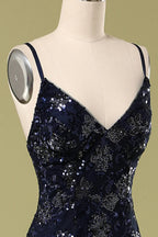 Abito da sera blu marina con perline e paillettes, elegante abito da ballo Y1832