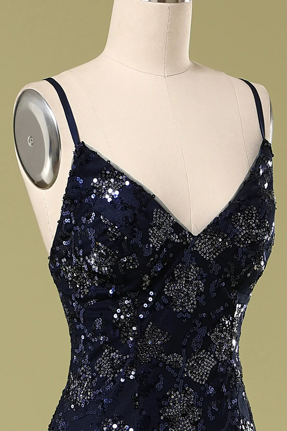 Vestido de Noite Azul Marinho com Lantejoulas e Contas, Vestido Elegante para Baile Y1832