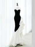 Elegante abito lungo nero in velluto per cerimonia, modello sirena, con pieghe, abito da sera Y8048