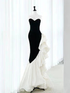 Elegante abito lungo nero in velluto per cerimonia, modello sirena, con pieghe, abito da sera Y8048