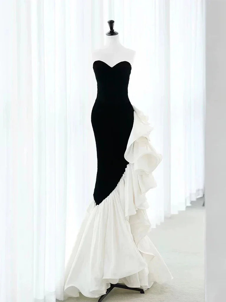 Elegante abito lungo nero in velluto per cerimonia, modello sirena, con pieghe, abito da sera Y8048