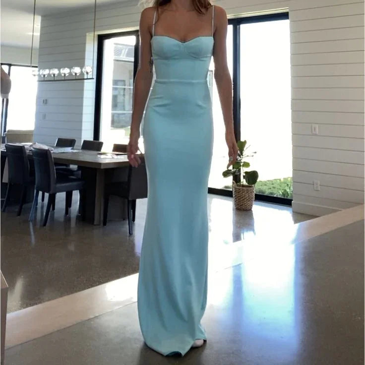 Abito da sera elegante in raso blu con spalline sottili Y8232