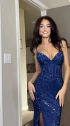 Robe de bal sirène à paillettes bleues scintillantes, bretelles, fente, robe de soirée Y7825