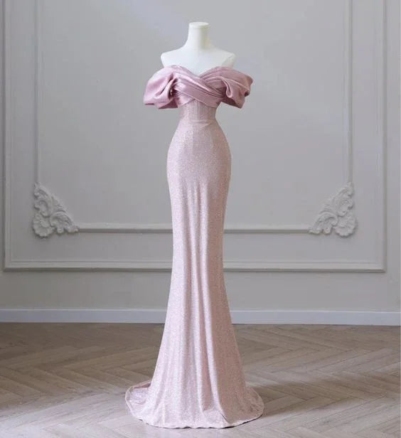 Vestido de Noite Elegante com Lantejoulas Cor de Carne para Senhora, Decote Ombro a Ombro, Vestido de Festa e Baile Y6963