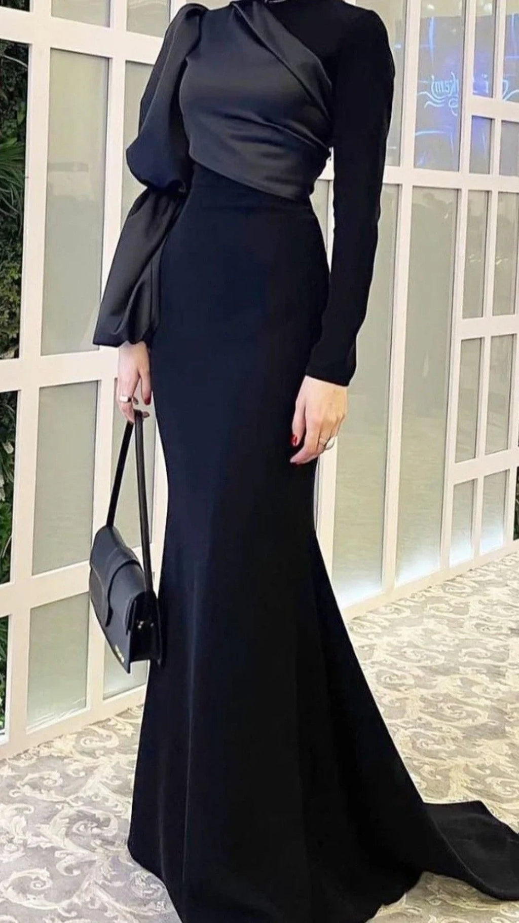 Vestido longo de baile de sereia preto elegante, vestido de noite preto com mangas compridas Y2079