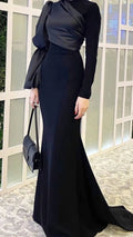 Vestido longo de baile de sereia preto elegante, vestido de noite preto com mangas compridas Y2079