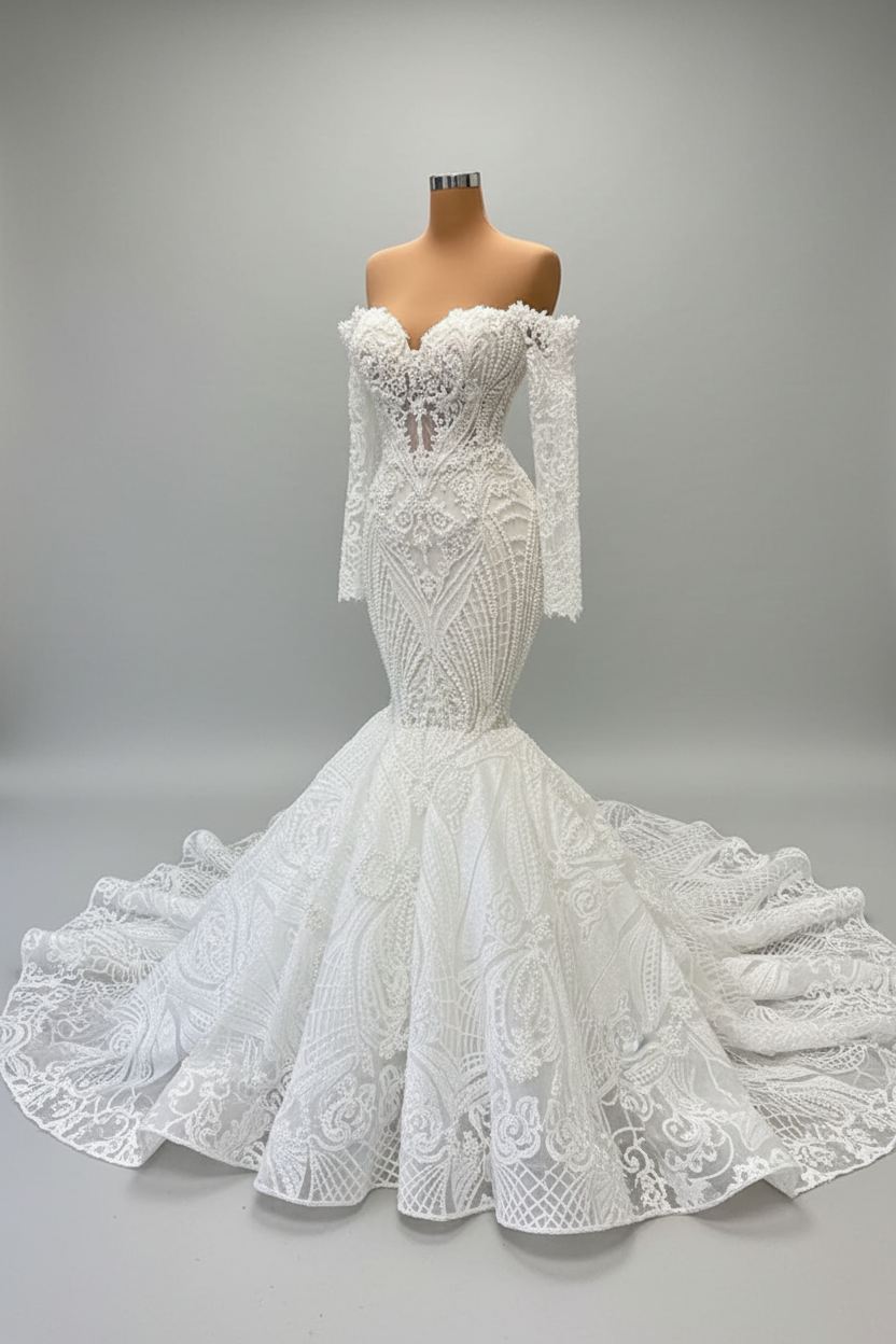 Charming Long Sleeve Mermaid Wedding Dress With Ruffles And Lace