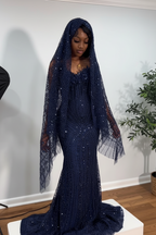 Crimson Ruby Heiress Mermaid Gown With Hand Beaded Crystal Encrusted Hooded Veil