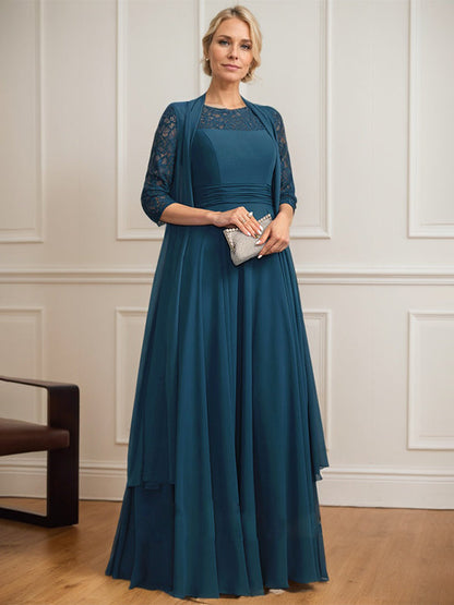 A-Linie U-Ausschnitt Illusion Bodenlang Spitze Chiffon Mutter der Braut Kleid Mit Plissee 