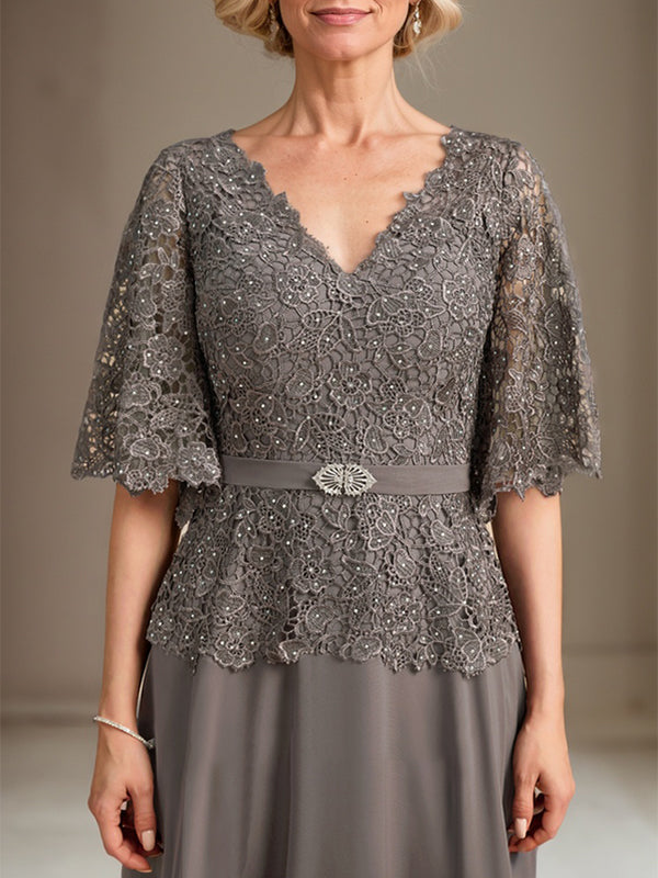 A-Linie V-Ausschnitt Bodenlang Chiffon Spitze Mutter der Braut Kleid Mit Kristall Brosche Strass 