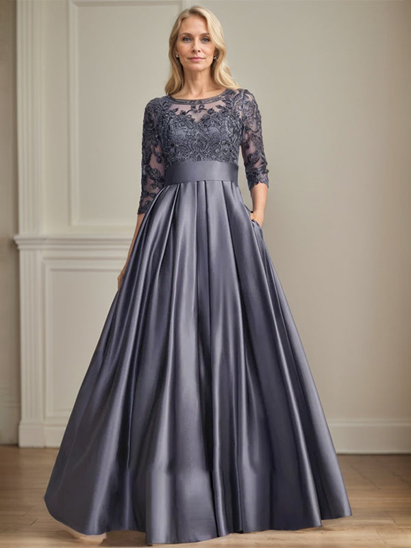 A-Linie, U-Ausschnitt, Illusion, bodenlanges Satin-Spitzenkleid für die Brautmutter mit Paillettenschleife 