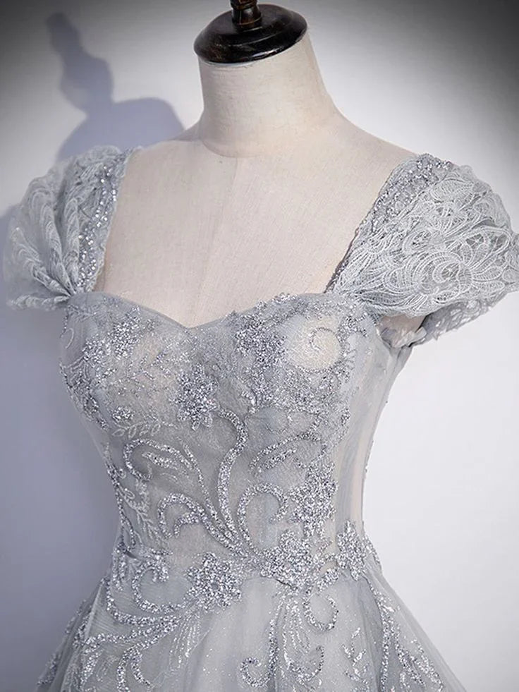 Abito lungo da sera grigio in tulle con paillettes a linea ad A, abito formale grigio da ballo Y4733