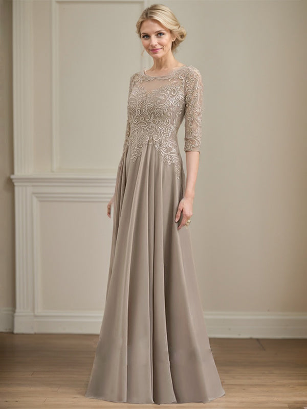 A-Linie, U-Ausschnitt, Illusion, bodenlanges Spitzen-Chiffon-Kleid für die Brautmutter mit Pailletten 