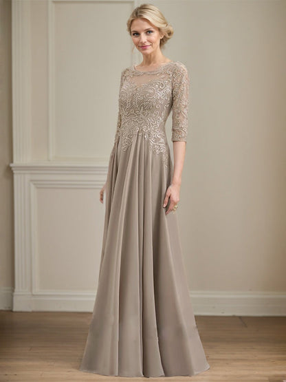 A-Linie, U-Ausschnitt, Illusion, bodenlanges Spitzen-Chiffon-Kleid für die Brautmutter mit Pailletten 