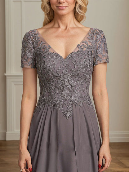 A-Linie V-Ausschnitt Bodenlanges Chiffon-Spitzenkleid für die Brautmutter