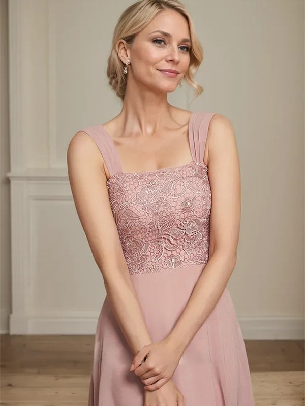 A-Linie Quadratisches Wadenlanges Chiffon-Spitzenkleid für die Brautmutter mit Pailletten und Perlen 