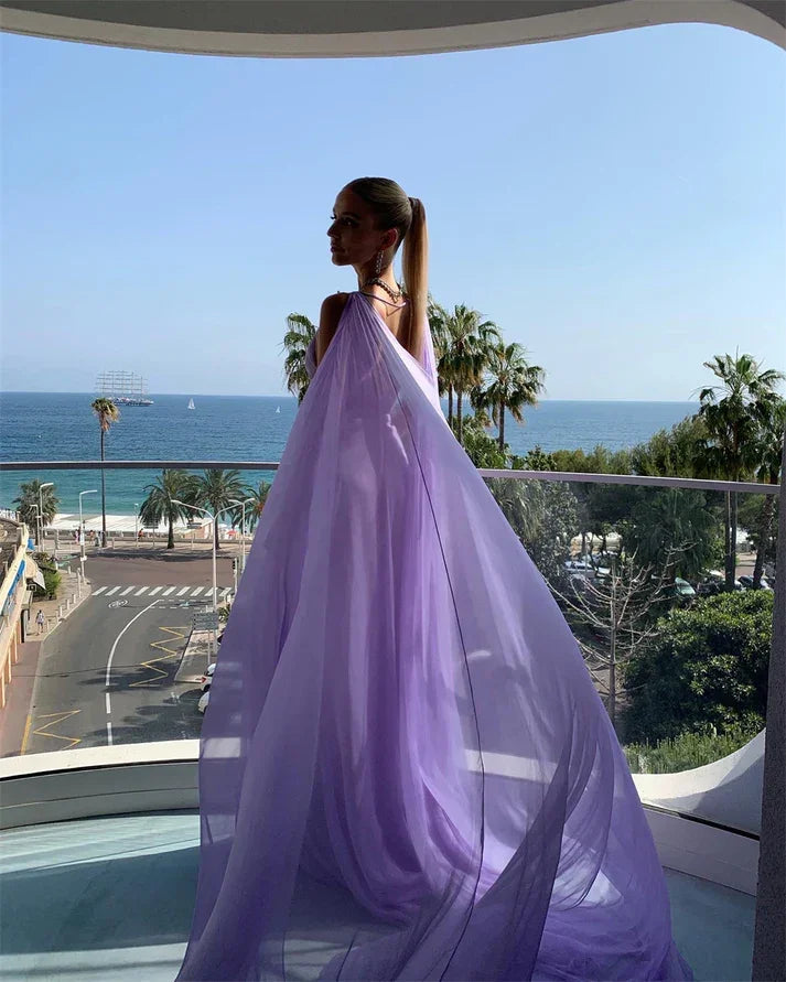 Abito da sera lungo semplice viola con scollo a V in tulle Y7774