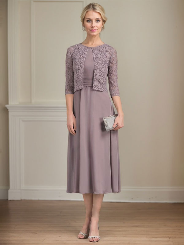 Robe de mère de la mariée en mousseline, longueur thé, en forme de A, décolleté arrondi avec plis