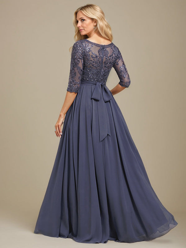 A-Linie U-Ausschnitt Bodenlang Spitzen-Chiffon-Kleid für die Brautmutter mit Paillettenapplikation 