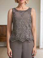 Combinaison/Pantalon Séparés Col Rond Longueur Sol en Mousseline Dentelle Robe de la Mère de la Mariée avec Perles et Paillettes