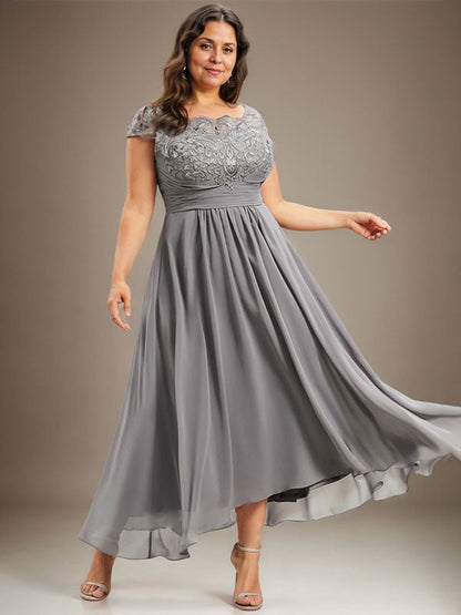 A-Linie U-Ausschnitt Illusion Asymmetrische Spitze Chiffon Mutter der Braut Kleid Mit Plissee 