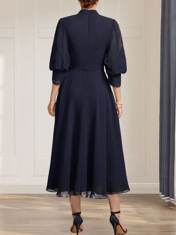 Abito da madre della sposa in chiffon di pizzo, linea a trapezio, collo alto, lunghezza al tè, con fiocco