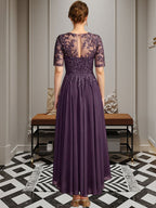 Robe de mère de la mariée en mousseline et dentelle asymétrique illusion à encolure dégagée, coupe en A, ornée de paillettes