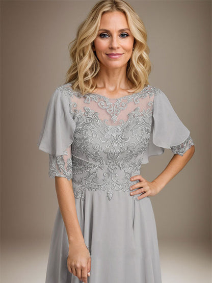 A-Linie U-Ausschnitt Illusion Asymmetrisch Chiffon Spitze Mutter der Braut Kleid mit Perlen 