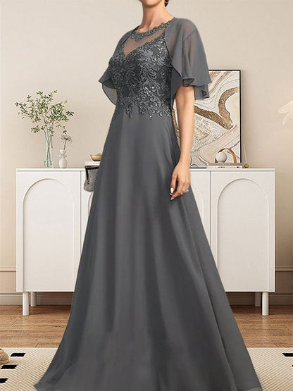 A-Linie, U-Ausschnitt, Illusion, bodenlanges Spitzen-Chiffon-Kleid für die Brautmutter mit Pailletten