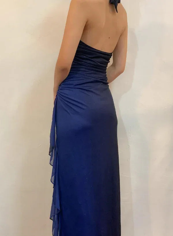 Vestido longo de festa e cerimónia azul-marinho ombré com decote em V e alças halter sexy em chiffon Y7486