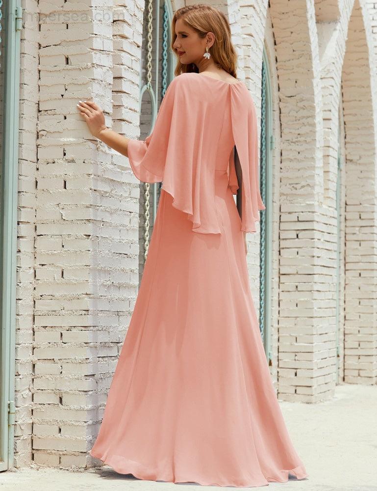 Abito da Damigella Donna Manica Lunga Scollatura a V Chiffon Abito da Cerimonia Matrimonio Festa 28018
