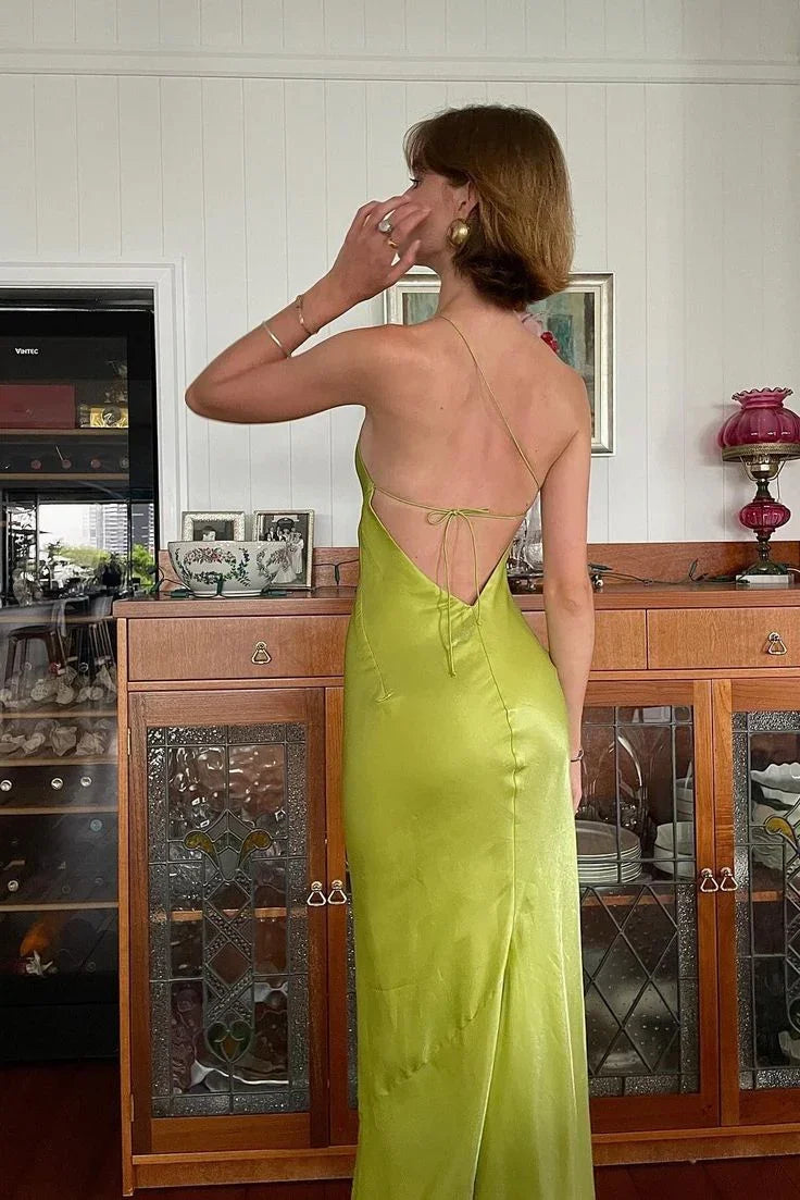 Abito lungo elegante verde a guaina con una spalla, da festa, con spacco e schiena scoperta, abito da sera Y8550