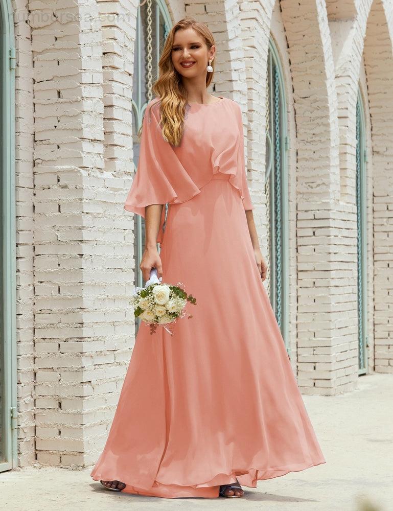 Abito da Damigella Donna Manica Lunga Scollatura a V Chiffon Abito da Cerimonia Matrimonio Festa 28018