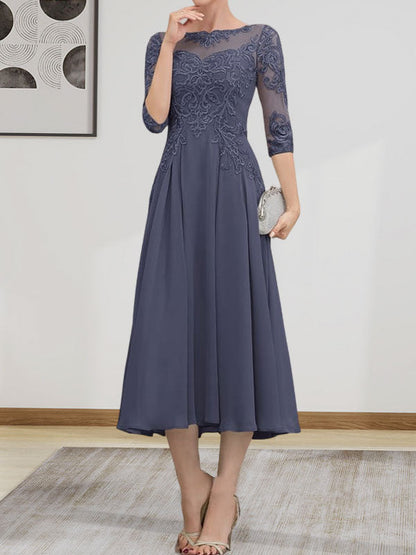 A-Linie, U-Ausschnitt, Illusion, knielang, Chiffon, Spitze, Kleid für die Brautmutter mit Perlen und Pailletten