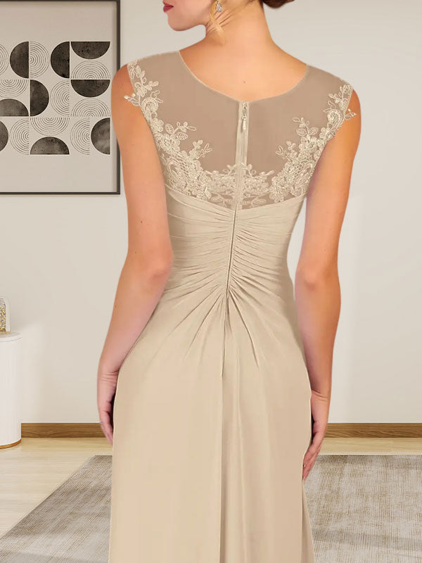 Champagne A-Line Scoop Lace Chiffon Dress