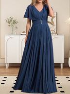 A-line V-Neck Floor-Length Chiffon Mother of the Bride Dress With Crystal Brooch Pleated