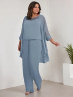 بدلة بنطلون الأم العروس بأكمام طويلة من الشيفون وياقة دائرية مع سترة