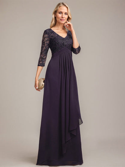 Vestido de madre de la novia de gasa con encaje, escote en V, largo hasta el suelo, con volantes en cascada y lentejuelas 
